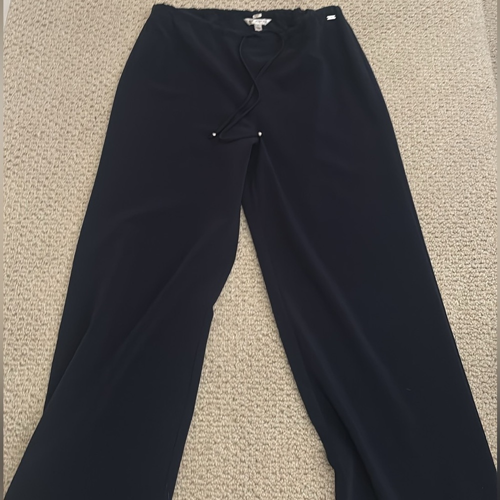 Wide leg drawstring, St. John navy slacks with silver accents